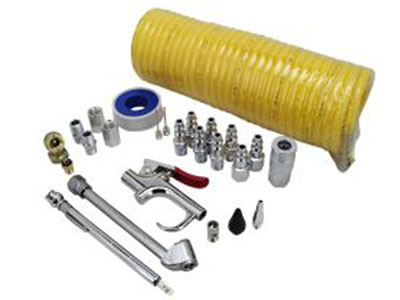 EXELAIR™ Recoil Hose and Air Accessory Kit - 25' Recoil Hose, Blow Gun, 2 Chucks, Pencil Gauge, M-Style Couplers/Plugs, Safety Adapter, Nozzle Tips, Inflator Needle, Hex Nipples/Couplings, and Thread Tape, (25-Piece) - EX0325HKIT